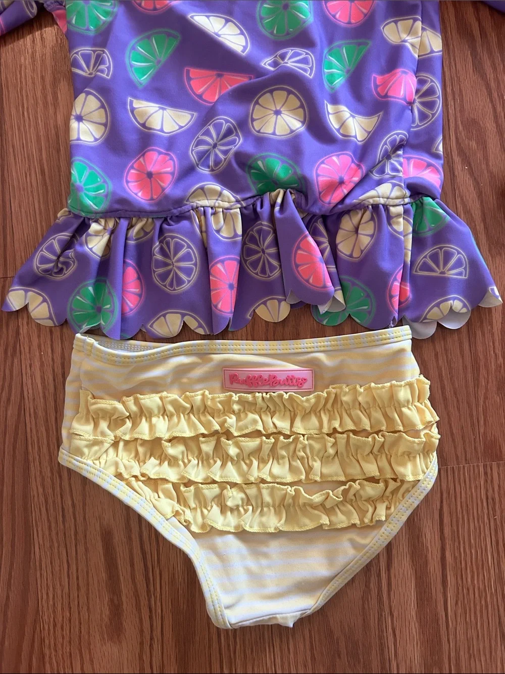 Ruffle Butts Purple Citrus Print Long-Sleeve Bikini Set with Yellow Stripes